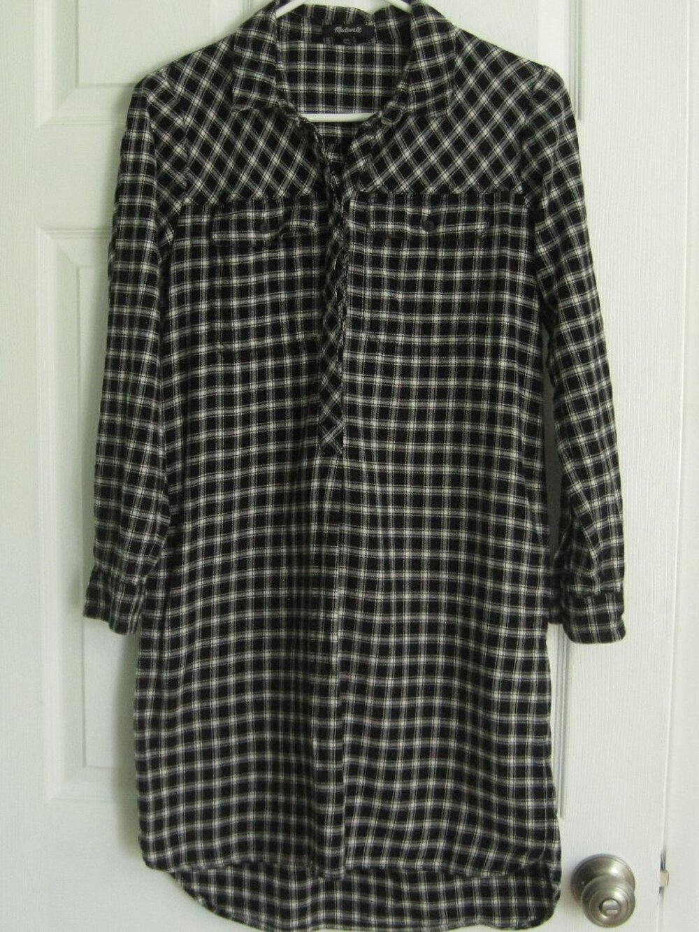 Madewell Daywalk Flannel Shirt Dress in Hillsdale Plaid XXS Cotton Black White